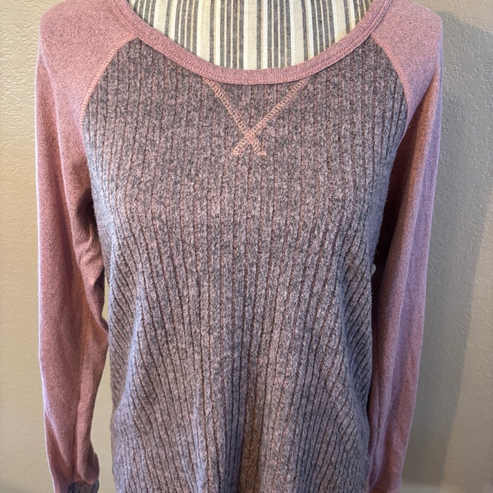 Lucky Brand Top Medium Pink Gray Heathered Knit Long Sleeve Ribbed Cozy Stretch - Picture 3 of 14